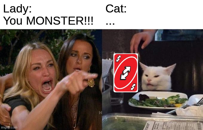 UNO REVERSE!!!! | Lady:
You MONSTER!!! Cat:
... | image tagged in memes,woman yelling at cat | made w/ Imgflip meme maker