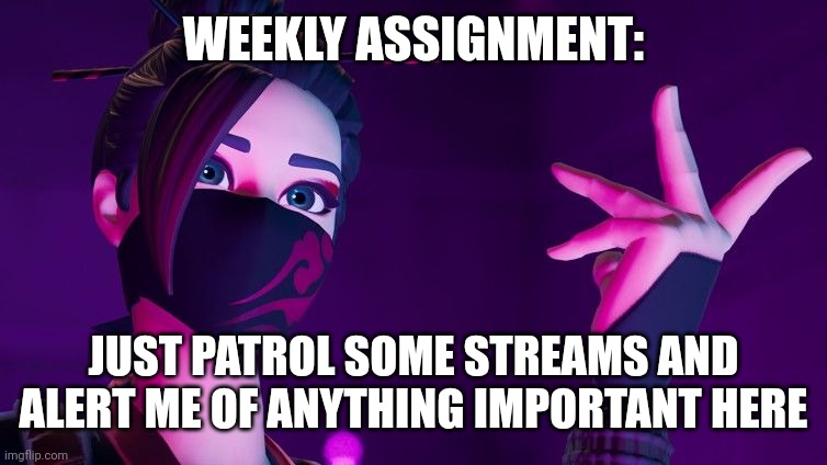 . | WEEKLY ASSIGNMENT:; JUST PATROL SOME STREAMS AND ALERT ME OF ANYTHING IMPORTANT HERE | image tagged in e | made w/ Imgflip meme maker