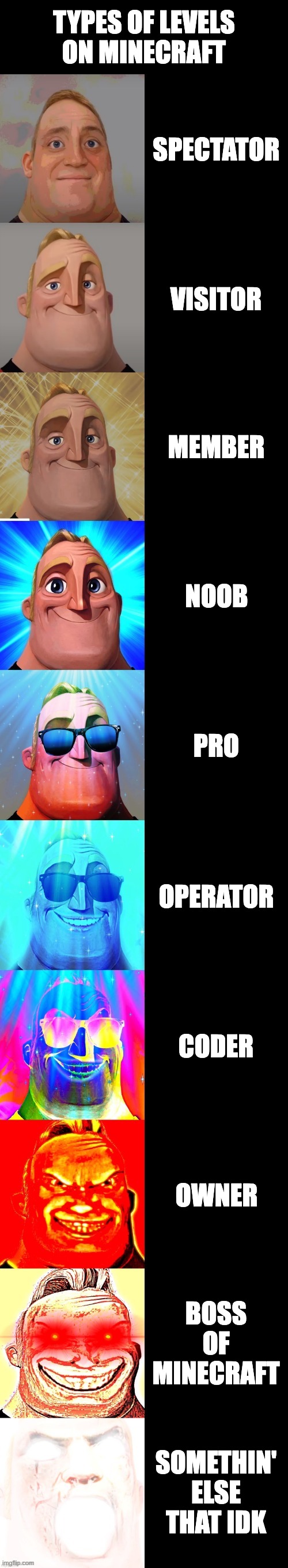 mr incredible becoming canny | TYPES OF LEVELS ON MINECRAFT; SPECTATOR; VISITOR; MEMBER; NOOB; PRO; OPERATOR; CODER; OWNER; BOSS OF MINECRAFT; SOMETHIN' ELSE THAT IDK | image tagged in mr incredible becoming canny | made w/ Imgflip meme maker