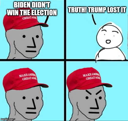 If he was better at dealing with the Democrat hoax he would still be president | BIDEN DIDN'T WIN THE ELECTION; TRUTH! TRUMP LOST IT | image tagged in maga npc | made w/ Imgflip meme maker