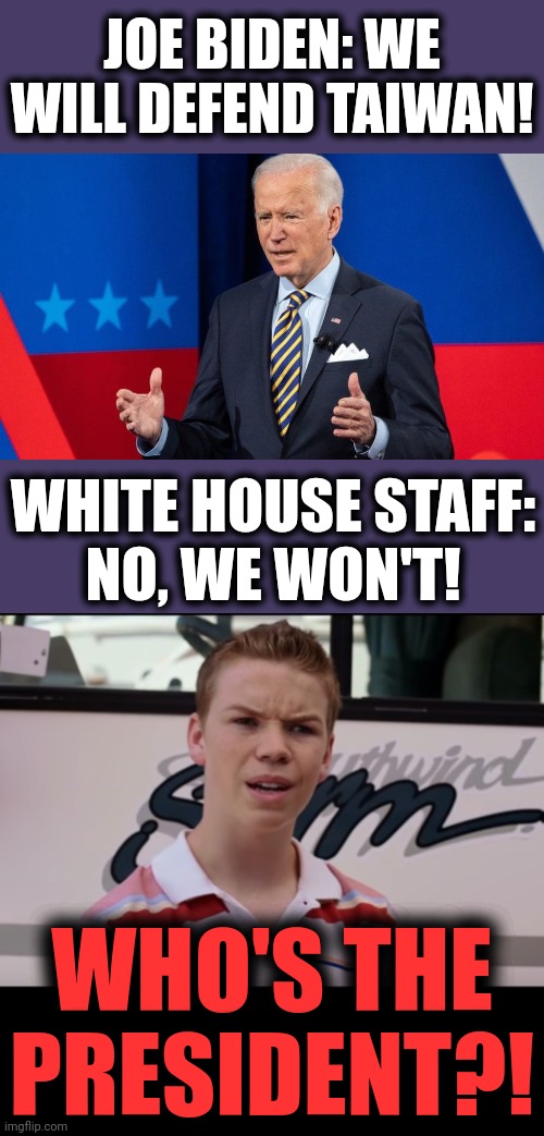 Joe Biden isn't in charge of the Executive Branch.  Americans deserve to know who is! |  JOE BIDEN: WE
WILL DEFEND TAIWAN! WHITE HOUSE STAFF:
NO, WE WON'T! WHO'S THE PRESIDENT?! | image tagged in memes,joe biden,senile creep,democrats,team biden | made w/ Imgflip meme maker