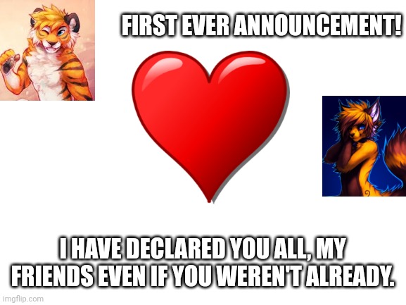 Announcement | FIRST EVER ANNOUNCEMENT! I HAVE DECLARED YOU ALL, MY FRIENDS EVEN IF YOU WEREN'T ALREADY. | image tagged in blank white template | made w/ Imgflip meme maker