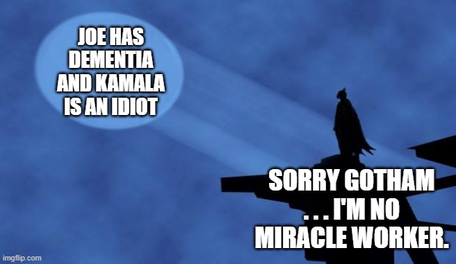 Even superheroes can't fix dumb and dumber. | JOE HAS DEMENTIA AND KAMALA IS AN IDIOT; SORRY GOTHAM . . . I'M NO MIRACLE WORKER. | image tagged in batman signal | made w/ Imgflip meme maker