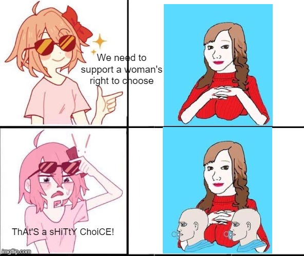 As as you're sincere | We need to support a woman's right to choose; ThAt'S a sHiTtY ChoiCE! | image tagged in trans girl drake happy disgust | made w/ Imgflip meme maker