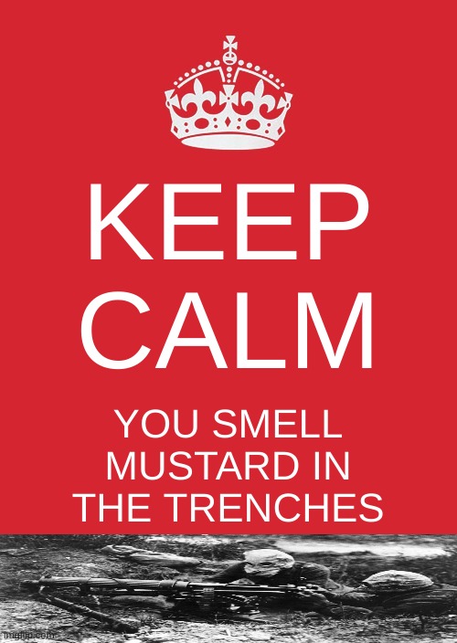 When your in the trenches in WW1 and you smell something: | KEEP CALM; YOU SMELL MUSTARD IN THE TRENCHES | image tagged in memes,keep calm and carry on red | made w/ Imgflip meme maker