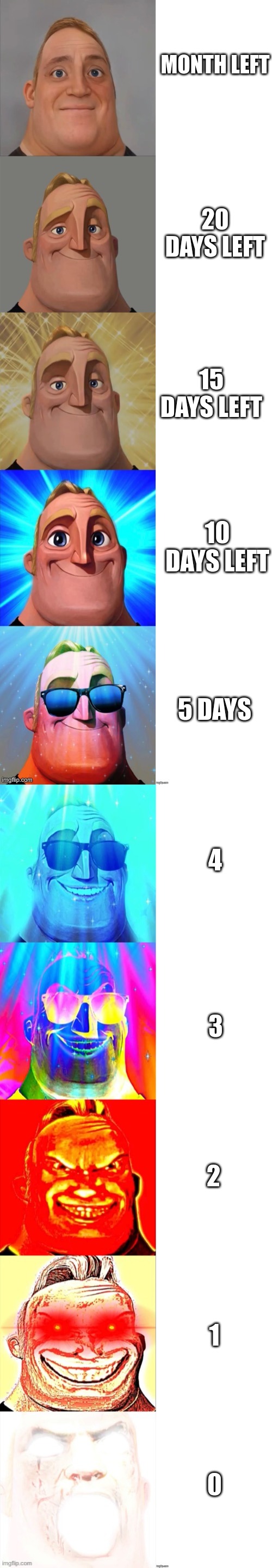 Mr Incredible Becoming Canny | MONTH LEFT; 20 DAYS LEFT; 15 DAYS LEFT; 10 DAYS LEFT; 5 DAYS; 4; 3; 2; 1 | image tagged in mr incredible becoming canny | made w/ Imgflip meme maker
