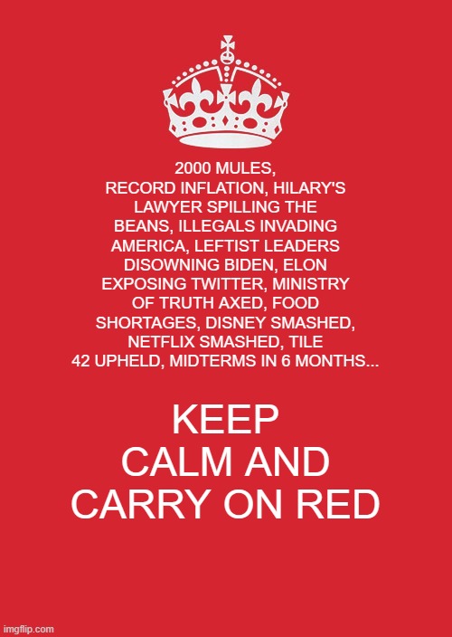 They are losing BIGLY | 2000 MULES, RECORD INFLATION, HILARY'S LAWYER SPILLING THE BEANS, ILLEGALS INVADING AMERICA, LEFTIST LEADERS DISOWNING BIDEN, ELON EXPOSING TWITTER, MINISTRY OF TRUTH AXED, FOOD SHORTAGES, DISNEY SMASHED, NETFLIX SMASHED, TILE 42 UPHELD, MIDTERMS IN 6 MONTHS... KEEP CALM AND CARRY ON RED | image tagged in memes,keep calm and carry on red | made w/ Imgflip meme maker