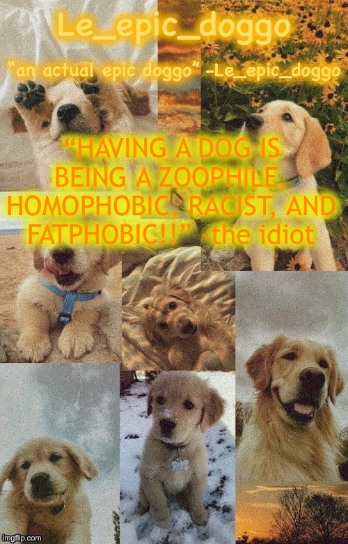 Doggo temp by doggo. Wait what that’s confusing | “HAVING A DOG IS BEING A ZOOPHILE, HOMOPHOBIC, RACIST, AND FATPHOBIC!!” -the idiot | image tagged in doggo temp by doggo wait what that s confusing | made w/ Imgflip meme maker