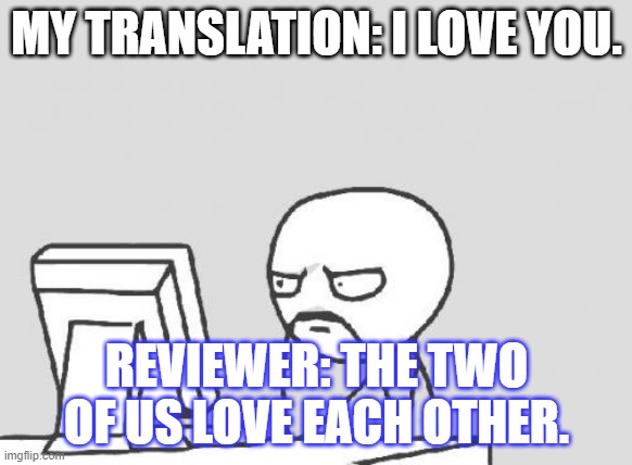 Freelancing |  MY TRANSLATION: I LOVE YOU. REVIEWER: THE TWO OF US LOVE EACH OTHER. | image tagged in memes,computer guy | made w/ Imgflip meme maker
