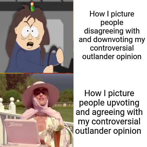 Drake Hotline Bling Meme | How I picture people disagreeing with and downvoting my controversial outlander opinion; How I picture people upvoting and agreeing with my controversial outlander opinion | image tagged in memes,drake hotline bling,Pishlander | made w/ Imgflip meme maker
