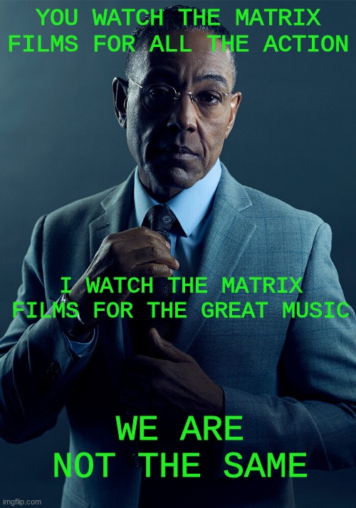 follow the white rabbit | YOU WATCH THE MATRIX FILMS FOR ALL THE ACTION; I WATCH THE MATRIX FILMS FOR THE GREAT MUSIC; WE ARE NOT THE SAME | image tagged in gus fring we are not the same,memes,so true memes,edp445 | made w/ Imgflip meme maker