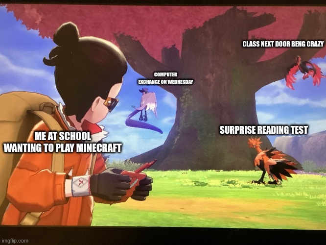 LET ME PLAY MINECRAFT IN PEACE! | CLASS NEXT DOOR BENG CRAZY; COMPUTER EXCHANGE ON WEDNESDAY; SURPRISE READING TEST; ME AT SCHOOL WANTING TO PLAY MINECRAFT | image tagged in galarian bird trio staring at player | made w/ Imgflip meme maker