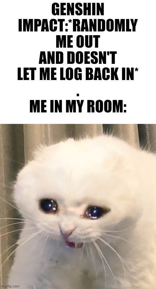 . | GENSHIN IMPACT:*RANDOMLY ME OUT AND DOESN'T LET ME LOG BACK IN*
.
ME IN MY ROOM: | image tagged in screaming crying cat | made w/ Imgflip meme maker