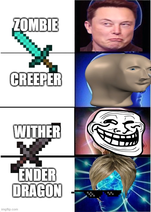 Expanding Brain | ZOMBIE; CREEPER; WITHER; ENDER DRAGON | image tagged in memes,expanding brain | made w/ Imgflip meme maker