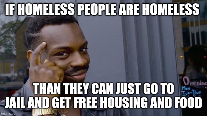 Roll Safe Think About It | IF HOMELESS PEOPLE ARE HOMELESS; THAN THEY CAN JUST GO TO JAIL AND GET FREE HOUSING AND FOOD | image tagged in memes,roll safe think about it | made w/ Imgflip meme maker