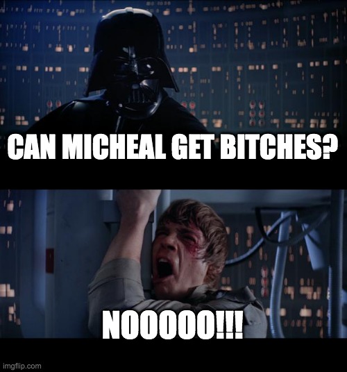 dear micheal | CAN MICHEAL GET BITCHES? NOOOOO!!! | image tagged in memes,star wars no | made w/ Imgflip meme maker