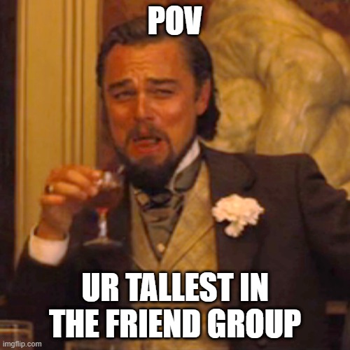 m | POV; UR TALLEST IN THE FRIEND GROUP | image tagged in memes,laughing leo | made w/ Imgflip meme maker