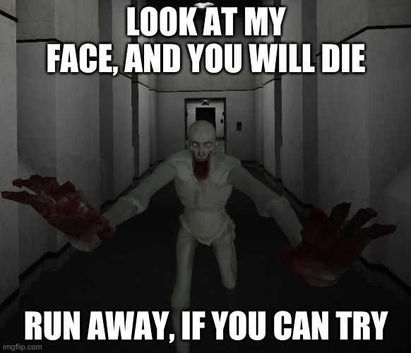 SCP 096 | LOOK AT MY FACE, AND YOU WILL DIE; RUN AWAY, IF YOU CAN TRY | image tagged in scp 096 | made w/ Imgflip meme maker