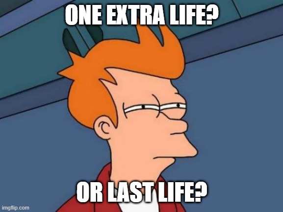 hmmm | ONE EXTRA LIFE? OR LAST LIFE? | image tagged in memes,futurama fry | made w/ Imgflip meme maker