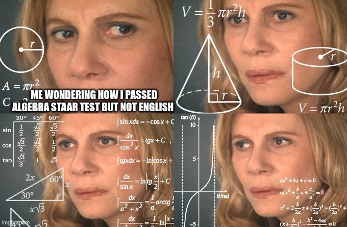 h-ow? .....I LITERALLY SUCK AT ALGEBRA!!! | ME WONDERING HOW I PASSED ALGEBRA STAAR TEST BUT NOT ENGLISH | image tagged in calculating meme,how,algebra | made w/ Imgflip meme maker