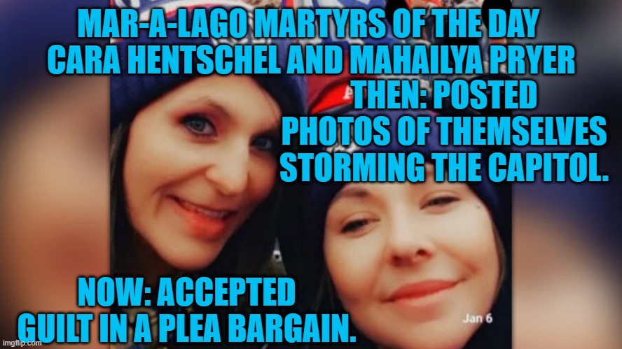 At least they go a cool selfie! | MAR-A-LAGO MARTYRS OF THE DAY 
CARA HENTSCHEL AND MAHAILYA PRYER; THEN: POSTED PHOTOS OF THEMSELVES STORMING THE CAPITOL. NOW: ACCEPTED GUILT IN A PLEA BARGAIN. | image tagged in politics | made w/ Imgflip meme maker