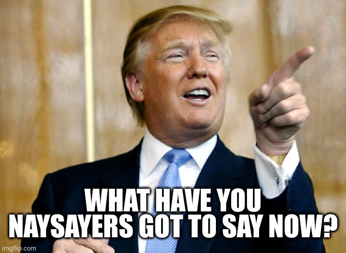 Donald Trump Pointing | WHAT HAVE YOU NAYSAYERS GOT TO SAY NOW? | image tagged in donald trump pointing | made w/ Imgflip meme maker