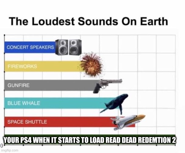 The Loudest Sounds on Earth | YOUR PS4 WHEN IT STARTS TO LOAD READ DEAD REDEMTION 2 | image tagged in the loudest sounds on earth | made w/ Imgflip meme maker