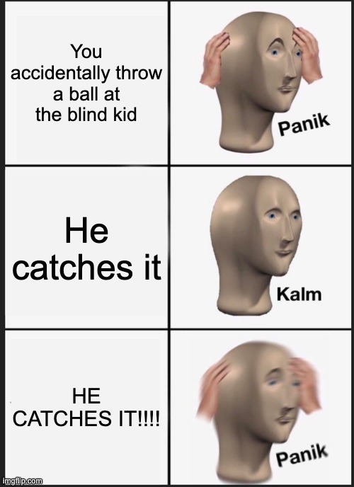 Blind kid is not blind | You accidentally throw a ball at the blind kid; He catches it; HE CATCHES IT!!!! | image tagged in memes,panik kalm panik | made w/ Imgflip meme maker