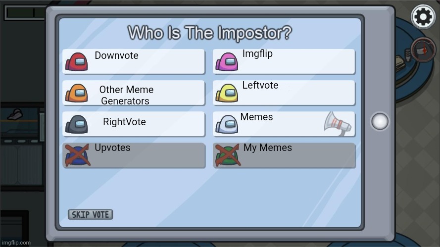 Idk | Imgflip; Downvote; Leftvote; Other Meme Generators; Memes; RightVote; Upvotes; My Memes | image tagged in among us voting screen template | made w/ Imgflip meme maker