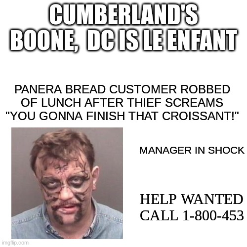 Blank Transparent Square | CUMBERLAND'S BOONE,  DC IS LE ENFANT; PANERA BREAD CUSTOMER ROBBED OF LUNCH AFTER THIEF SCREAMS "YOU GONNA FINISH THAT CROISSANT!"; MANAGER IN SHOCK; HELP WANTED
CALL 1-800-453 | image tagged in memes,blank transparent square | made w/ Imgflip meme maker