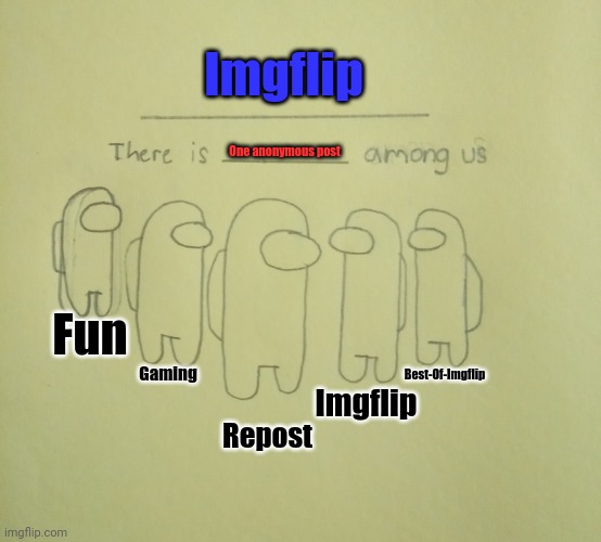 My first post | Imgflip; One anonymous post; Fun; Best-Of-Imgflip; Gaming; Imgflip; Repost | image tagged in there is one impostor among us,memes,funny,among us,among us memes | made w/ Imgflip meme maker