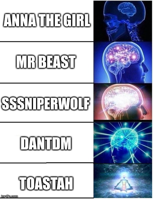 Rating YouTuber channel names | ANNA THE GIRL; MR BEAST; SSSNIPERWOLF; DANTDM; TOASTAH | image tagged in expanding brain 5 panel | made w/ Imgflip meme maker