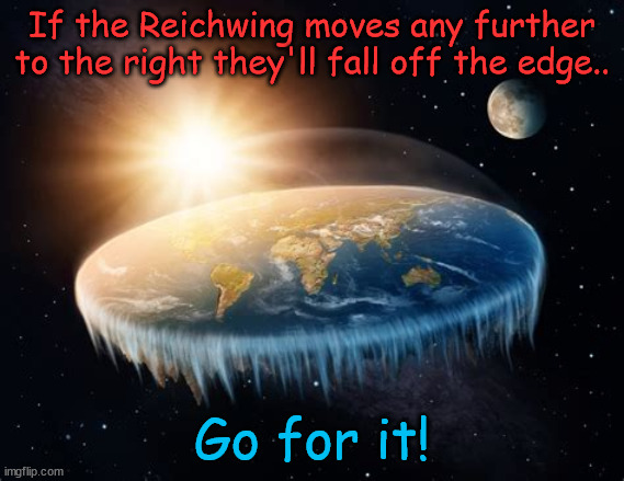 Edge of the Earth... |  If the Reichwing moves any further to the right they'll fall off the edge.. Go for it! | image tagged in reichwing,gop,maga,flat earthers,republicans | made w/ Imgflip meme maker