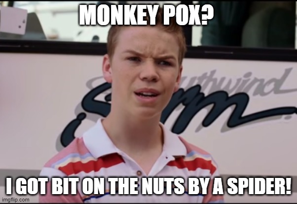 The Pox | MONKEY POX? I GOT BIT ON THE NUTS BY A SPIDER! | image tagged in funny | made w/ Imgflip meme maker