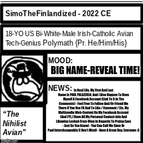 BIG NAME-REVEAL TIME, BABY (ft. My Facebook Account)! | image tagged in simothefinlandized,name reveal,facebook,imgflip,users | made w/ Imgflip meme maker