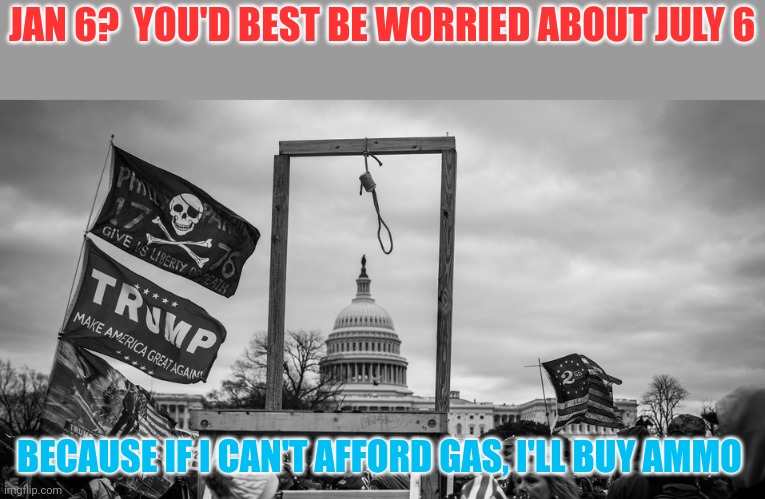 $6-$7 per gallon gas this summer? | JAN 6?  YOU'D BEST BE WORRIED ABOUT JULY 6; BECAUSE IF I CAN'T AFFORD GAS, I'LL BUY AMMO | image tagged in capitol hill riot gallows | made w/ Imgflip meme maker