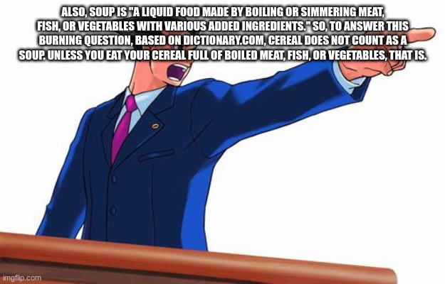 Phoenix Wright | ALSO, SOUP IS "A LIQUID FOOD MADE BY BOILING OR SIMMERING MEAT, FISH, OR VEGETABLES WITH VARIOUS ADDED INGREDIENTS." SO, TO ANSWER THIS BURN | image tagged in phoenix wright | made w/ Imgflip meme maker