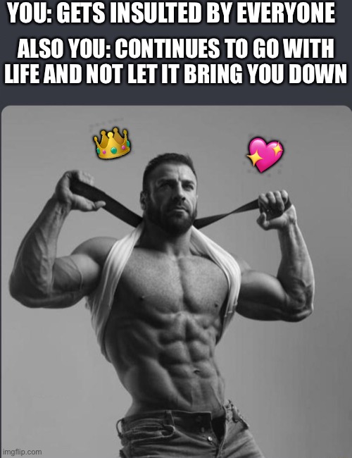 Your crown your majesty | YOU: GETS INSULTED BY EVERYONE; ALSO YOU: CONTINUES TO GO WITH LIFE AND NOT LET IT BRING YOU DOWN; 👑; 💖 | image tagged in refuses to elaborate any further,wholesome | made w/ Imgflip meme maker