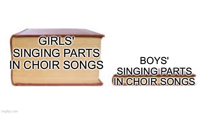 Why is this true | GIRLS' SINGING PARTS IN CHOIR SONGS; BOYS' SINGING PARTS IN CHOIR SONGS | image tagged in big book small book,choir,singing,girls,boys | made w/ Imgflip meme maker