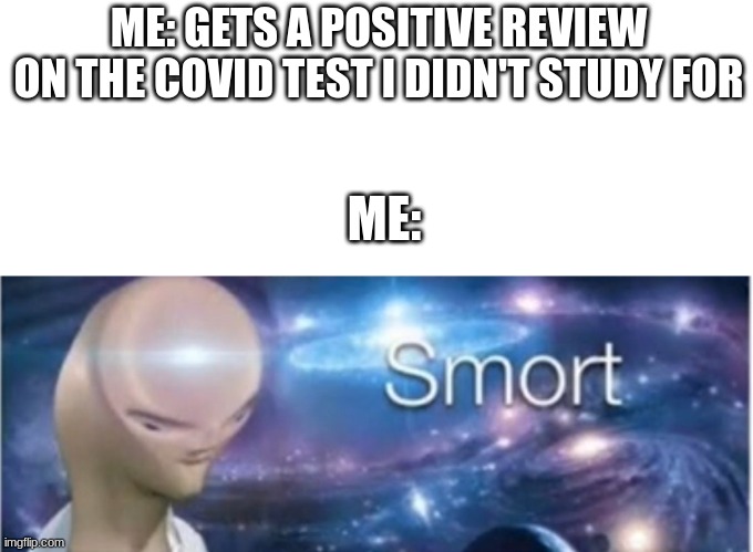 Thats a good thing, right? |  ME: GETS A POSITIVE REVIEW ON THE COVID TEST I DIDN'T STUDY FOR; ME: | image tagged in meme man smort,big brain,meme | made w/ Imgflip meme maker