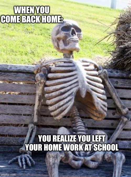 Waiting Skeleton |  WHEN YOU COME BACK HOME:; YOU REALIZE YOU LEFT YOUR HOME WORK AT SCHOOL | image tagged in memes,waiting skeleton | made w/ Imgflip meme maker
