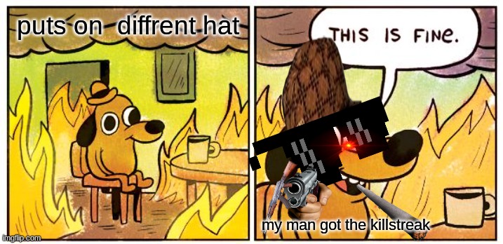 local dog gets a killstreak | puts on  diffrent hat; my man got the killstreak | image tagged in memes,this is fine | made w/ Imgflip meme maker