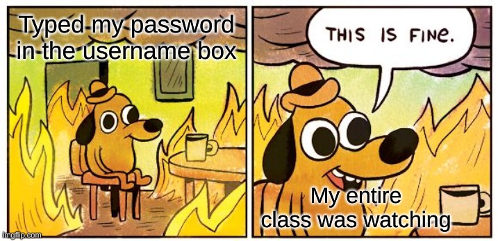Way too relatable | Typed my password in the username box; My entire class was watching | image tagged in memes,this is fine | made w/ Imgflip meme maker