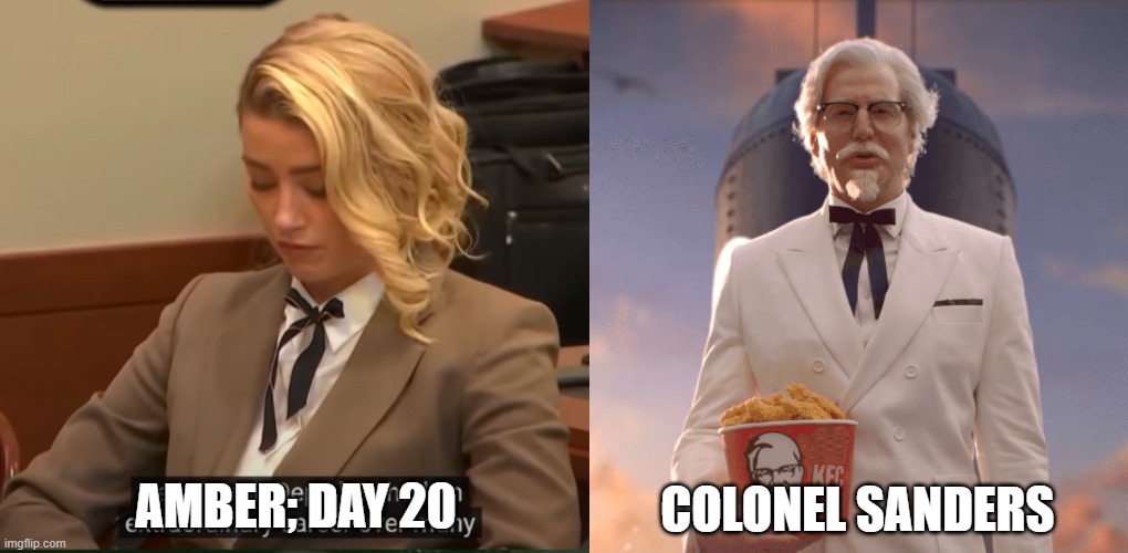 amber heard copycat | COLONEL SANDERS; AMBER; DAY 20 | image tagged in amber heard | made w/ Imgflip meme maker