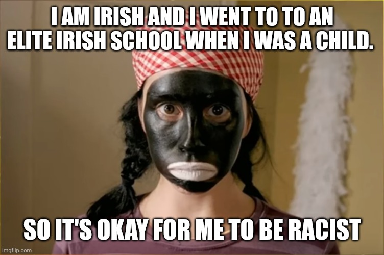 sarah silverman | I AM IRISH AND I WENT TO TO AN ELITE IRISH SCHOOL WHEN I WAS A CHILD. SO IT'S OKAY FOR ME TO BE RACIST | image tagged in sarah silverman | made w/ Imgflip meme maker