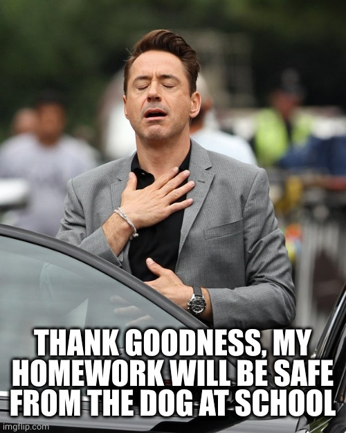 Relief | THANK GOODNESS, MY HOMEWORK WILL BE SAFE FROM THE DOG AT SCHOOL | image tagged in relief | made w/ Imgflip meme maker