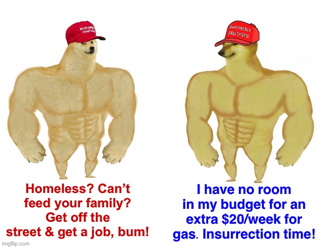 MAGA buff doge vs. MAGA buff cheems | Homeless? Can’t feed your family? Get off the street & get a job, bum! I have no room in my budget for an extra $20/week for gas. Insurrection time! | image tagged in maga buff doge vs maga buff cheems,conservative hypocrisy,conservative logic,maga,right wing,homeless | made w/ Imgflip meme maker