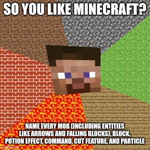 Let's see Wendiglow_Official do this one. | SO YOU LIKE MINECRAFT? NAME EVERY MOB (INCLUDING ENTITIES LIKE ARROWS AND FALLING BLOCKS), BLOCK, POTION EFFECT, COMMAND, CUT FEATURE, AND PARTICLE | image tagged in minecraft steve | made w/ Imgflip meme maker