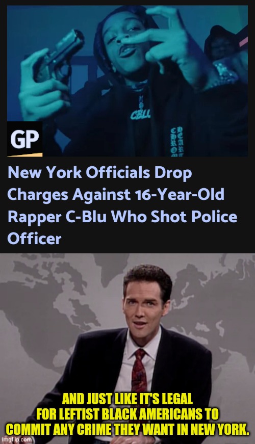 AND JUST LIKE IT'S LEGAL FOR LEFTIST BLACK AMERICANS TO COMMIT ANY CRIME THEY WANT IN NEW YORK. | image tagged in norm macdonald weekend update,black,crime,new york | made w/ Imgflip meme maker