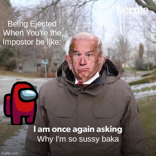 Bernie I Am Once Again Asking For Your Support Meme | Being Ejected When You're the Impostor be like:; Why I'm so sussy baka | image tagged in memes,bernie i am once again asking for your support | made w/ Imgflip meme maker